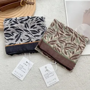Retro floral cotton linen square scarf with vintage leaf print used as a hair band