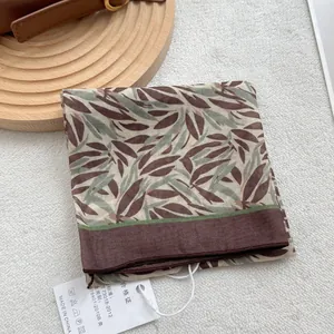 Cotton linen square scarf with vintage leaf pattern and elegant natural textures