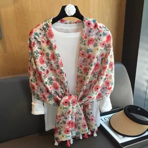 Vintage Women Floral Print Cotton Linen Scarf With Tassels Soft Sun Protection Shawl Wrap For Beach Vacation Daily Wear
