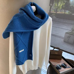 Royal blue wool blend knit scarf with button and chic brand label for autumn winter