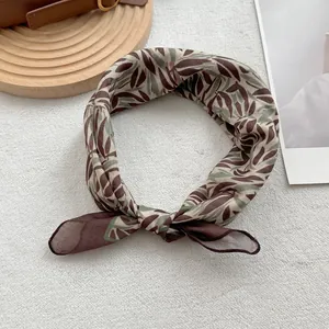 Floral cotton linen square scarf with vintage leaf pattern for neck or hair styling