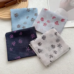 Set of 4 vintage linen daisy pattern square scarves in light blue, gray, navy, and cream