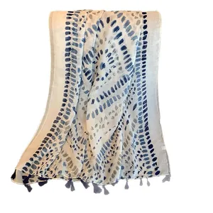Blue tie-dye abstract print lightweight cotton linen scarf with tassels for sun protection