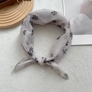 Chic beige cotton linen small square scarf with black floral print for hair and neck