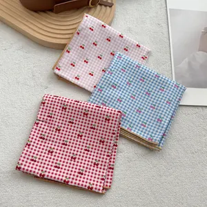 Sweet Cherry Plaid Square Scarf For Women Satin Polyester Neck Scarf Pastoral Style Hair Ribbon Headband Accessories