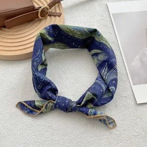 Navy blue paisley silk square scarf with olive green accents and golden finished edges