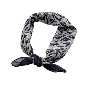 Linen cotton floral square scarf with black leaf print and semi-transparent texture