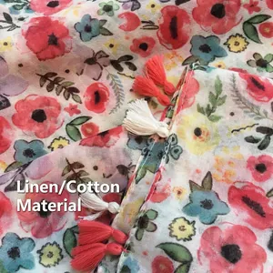 Floral print cotton linen scarf with elegant tassel edges and retro summer pattern