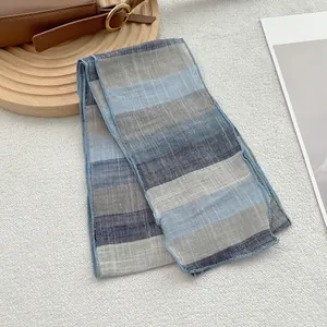 Detail of pure linen striped skinny scarf showing the woven texture and hemmed edges