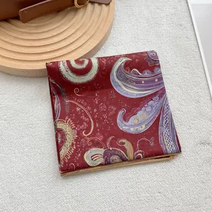 Vintage paisley silk square scarf in deep red with elegant golden stitched edges