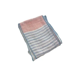 Linen skinny scarf with rust red blocks and blue white stripes for women