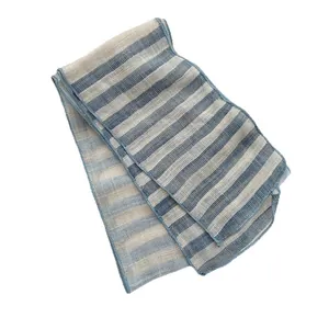 Narrow 100% pure linen scarf with blue and white stripes and natural woven texture