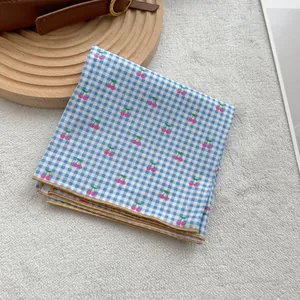 Sweet cherry pattern on blue and white checkered square scarf with hand-rolled edges