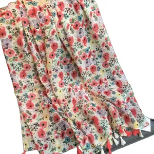 Floral print summer scarf with red tassels, lightweight sun protection shawl for women