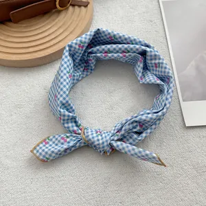 Blue plaid scarf with cherry print and ribbon bow for sweet summer outfits