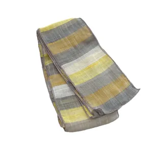 Lightweight pure linen striped scarf for women with breathable yellow and grey mesh texture