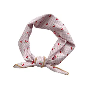 Pink and white gingham square scarf with sweet cherry print for women's spring outfits