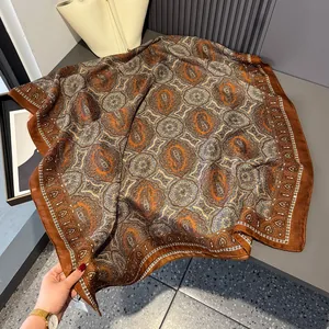 Elegant floral silk scarf with vintage Paisley patterns for women in autumn shades