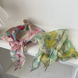 French vintage floral triangle scarf in pastel blue and yellow for women's hair styling
