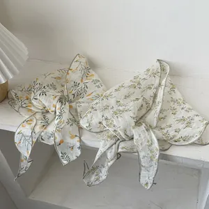French vintage floral cotton linen triangle headscarf for women in yellow patterns