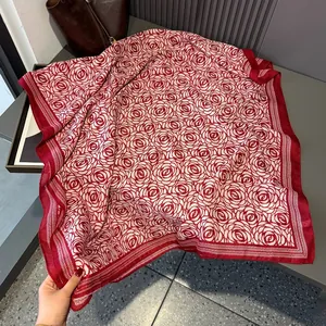 Lightweight silk linen scarf with red rose pattern and wine red borders for sun protection