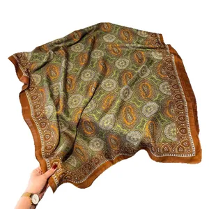 Retro paisley floral print shawl for women in brown and olive green tones