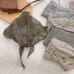 Retro Linen Triangle Scarf Floral Grid Striped Pattern Neck Kerchief For Women Ruffle Edge Light Breathable Summer Headscarf