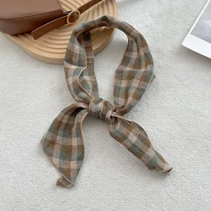 Linen plaid narrow scarf for women in vintage brown check pattern neck tie