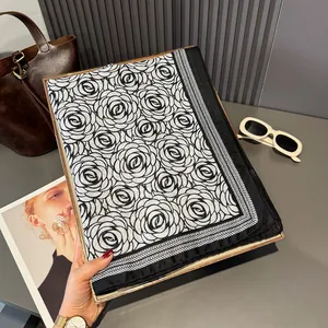 Elegant cotton linen silk scarf with black white rose print and luxury gift box packaging