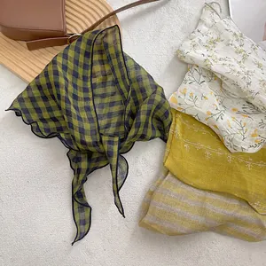 Vintage checkered linen triangle scarf in yellow-green and black with soft texture
