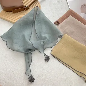 Women Fashion Sheer Triangle Scarf With Lettuce Edge Pom Pom Trim Polyester Sun Protection Head Scarf Versatile Neck Wrap