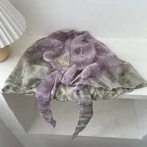 Tie-dye pleated linen scarf in gradient purple and grey-green with delicate ruffle edges