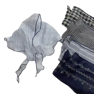 Linen triangular scarf with vintage plaid and stripes, versatile lightweight neckerchief
