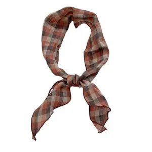 Linen plaid scarf for women with orange and brown vintage checkered pattern necktie style