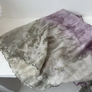 Cotton linen tie-dye pleated scarf featuring purple gradient tones and lettuce edge detail