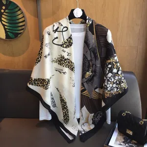 130cm linen cotton large square scarf with leopard floral print and luxury shawl design