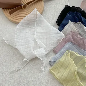 Women Vintage Crinkle Triangle Scarf Breathable Polyester Hair Kerchief With Wavy Edge For Travel Photography Daily Accessories