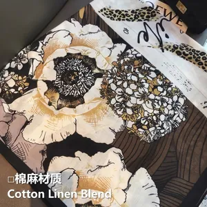 Elegant cotton linen scarf with floral leopard print and black border for women