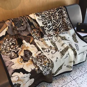 Elegant 130cm leopard print cotton linen large square shawl with floral patchwork design