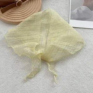 Light yellow pleated linen triangle scarf headscarf for women spring and summer fashion