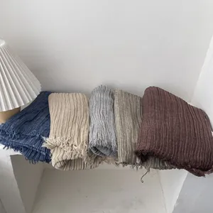 Women Japanese Retro Pleated Cotton Linen Scarf Solid Color Wrinkled Shawl Lightweight Sun Protection Wrap With Fringes