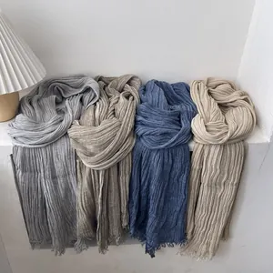 Solid color pleated cotton linen scarves in gray, khaki, blue, and cream white textures