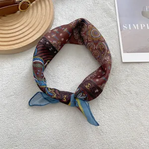 Retro paisley cotton linen scarf for hair and sun protection in dark brown and blue