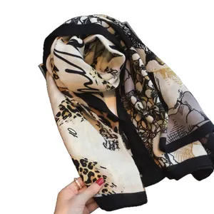 Soft cotton linen leopard print scarf with floral patterns and black borders for women