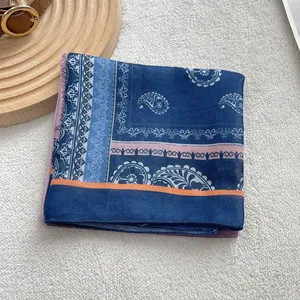 Vintage navy paisley cotton linen scarf with colorful striped border for women fashion