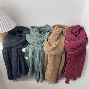 Pleated cotton linen scarf for women with tassels in dark grey green and khaki