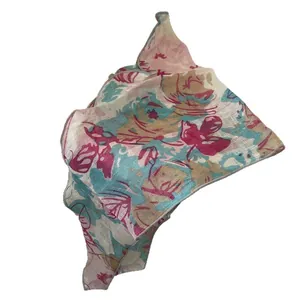 French vintage floral triangular headscarf made of light chiffon with rolled edges