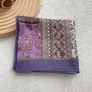 Vintage paisley pattern purple cotton linen headscarf with bohemian floral borders