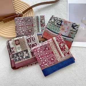 Four vintage floral square scarves in red and blue, elegant cotton neckerchiefs for women