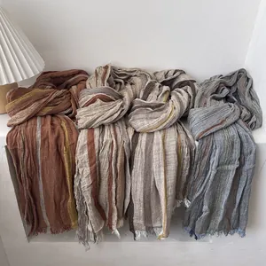 Striped cotton linen scarf with fringe tassels and pleated texture for women